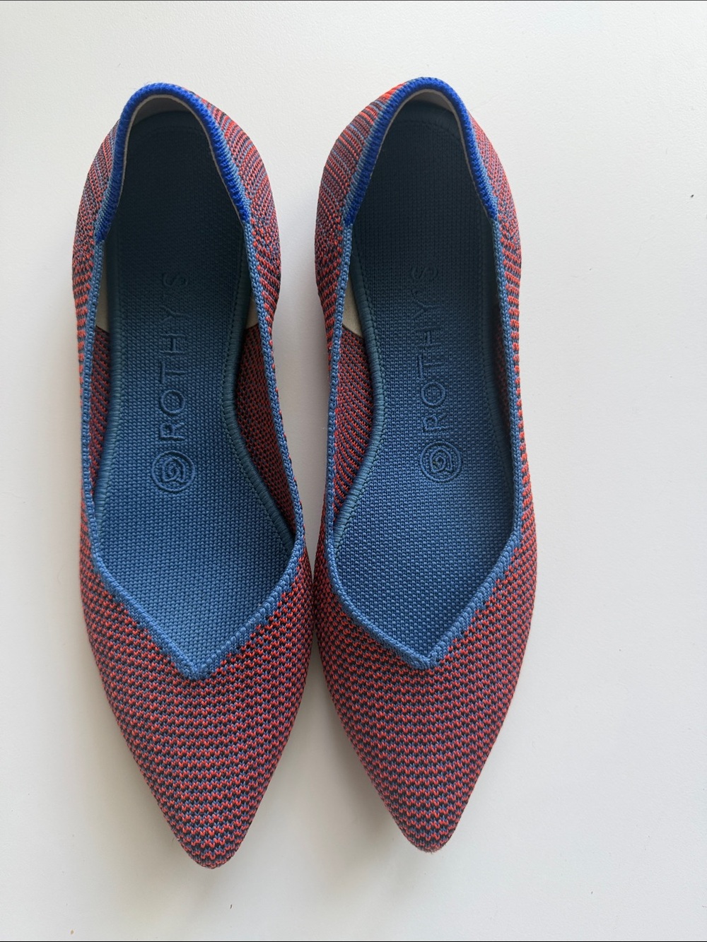 Rothy's Blue and Red Knit Pointed Flats